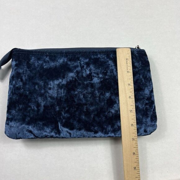 Isabella Scott Blue Velvet Clutch Cosmetic Bag 3 Zip Pockets Make-up Pouch FLAW - Picture 8 of 13